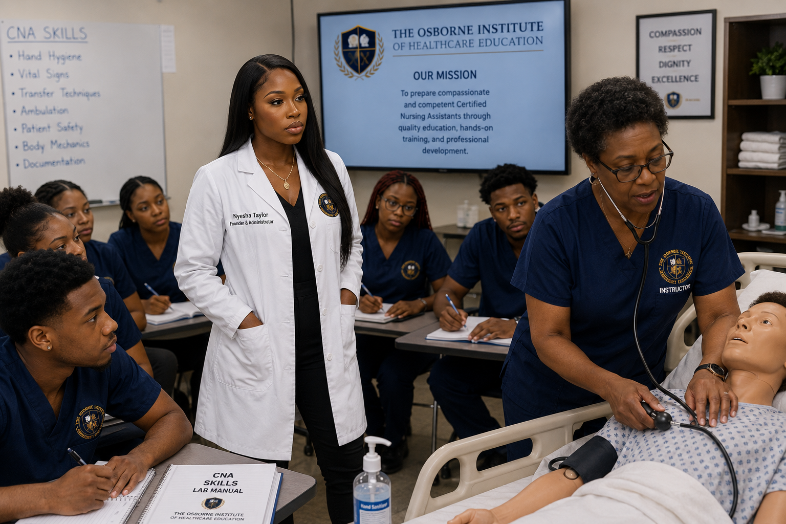 Nyesha Taylor and instructor demonstrating clinical skills to CNA students at The Osborne Institute